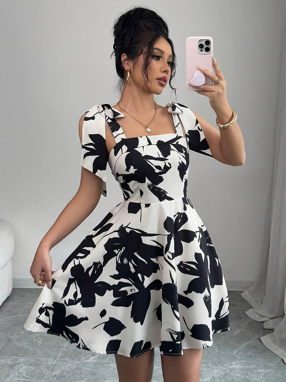 ZARA French Black Print Tie Front Cami Dress Early Summer Vacation